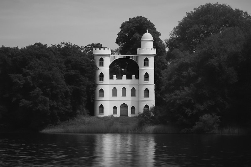 A black and white photograph of the romantic castle on Pfaueninsel (Peacock Island) near Berlin, Germany. The castle’s two slender towers and arched bridge stand surrounded by trees, with a soft, natural reflection on the rippling Havel River in the foreground
