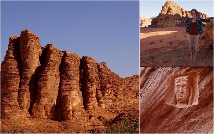 Photos from Wadi Rum, Jordan featuring stunning landscapes, cave carvings and That Backpacker Audrey Bergner posing 
