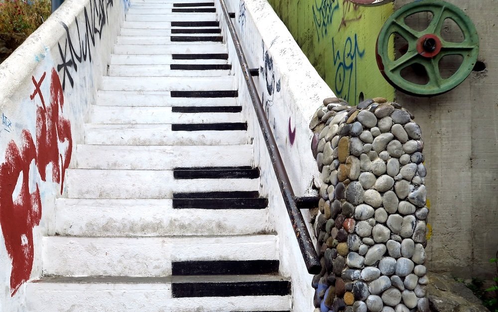 Piano painted steps in Valparaiso, Chile leading to distinct neighborhoods on a day trip from Santiago, Chile 