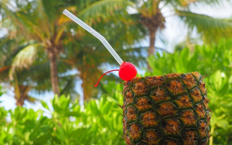 Refreshing tropical pineapple cocktail served in a hollowed pineapple with a cherry garnish and straw, set against lush green palm trees at a beach resort in Playa del Carmen, Mexico
