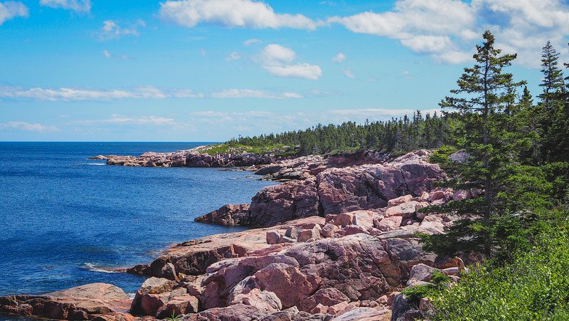 A rugged stretch of pink granite rocks meets the deep blue waters of the Atlantic Ocean along the wild coastline of Cape Breton Highlands National Park, framed by evergreen forest and blue summer skies on the scenic Cabot Trail in Nova Scotia