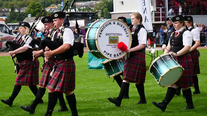 Pipe band at the Cowal Games performing with passion in Scotland 