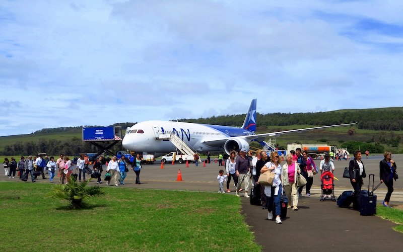 Plane landing and de-boarding on Easter Island Rapa Nui, Chile 