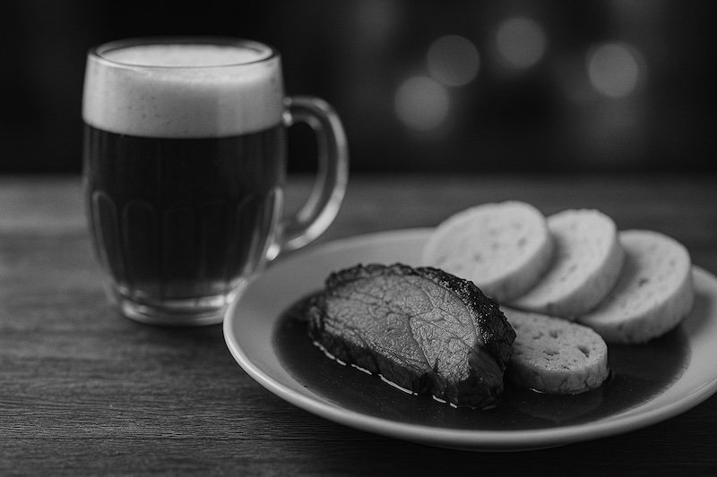A black-and-white close-up of a classic Czech meal in Plzeň, featuring a frothy mug of unfiltered Pilsner Urquell served at cellar temperature alongside slices of roast pork and fluffy bread dumplings, with extreme bokeh emphasizing texture and atmosphere