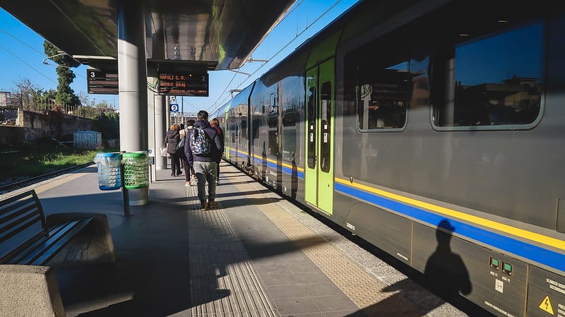 Pompei has lots of train station making it easy for travellers to access including this commuter train between nearby cities and towns in Italy Pompei has lots of train station making it easy for travellers to access including this commuter train between nearby cities and towns in Italy
