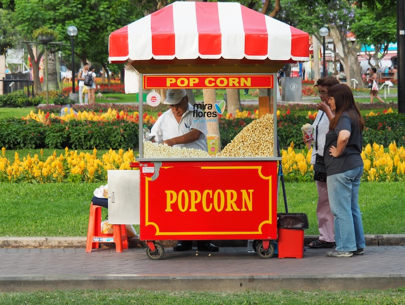 Popcorn being sold by a vendor at Kennedy Park in Miraflores, Lima, Peru 