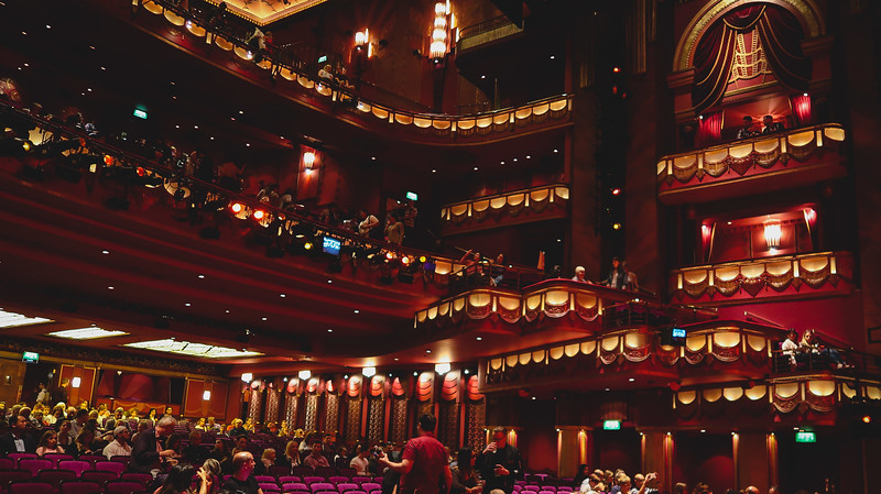 Prince Edward Theatre in London's West End views from inside the venue including the grand balcony all lit up spectacularly 