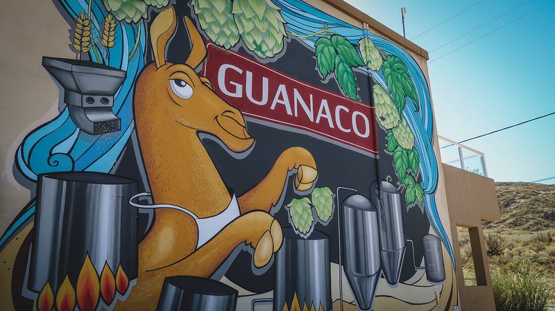 Vibrant street art mural in Puerto Pirámides, Península Valdés, featuring a cartoon guanaco surrounded by brewing equipment and hops. The bold colors and playful design reflect the town’s creative spirit and local craft beer culture in Patagonia, Argentina