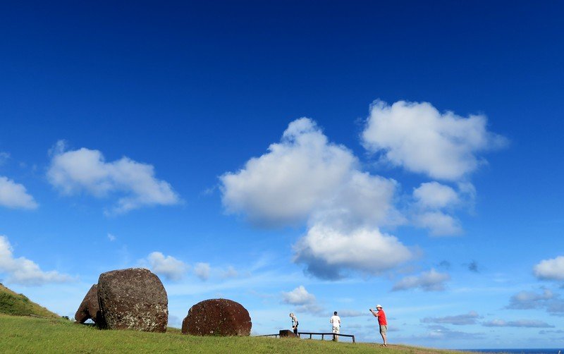 Puna Pau is home to the red stones used for the Moai's headpieces as viewed from a distant vantage point on Easter Island, Chile 