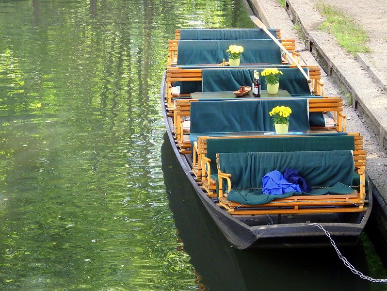 Punting in the Spree Forest with luxury seating arranged with flowers and drinks in Germany 