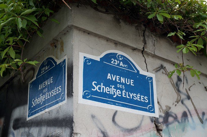 Humorous blue street sign parody reading “Avenue des Scheiße Élysées” as quirky urban street art on a graffiti-covered wall in Prague, Czech Republic, surrounded by overgrown vines