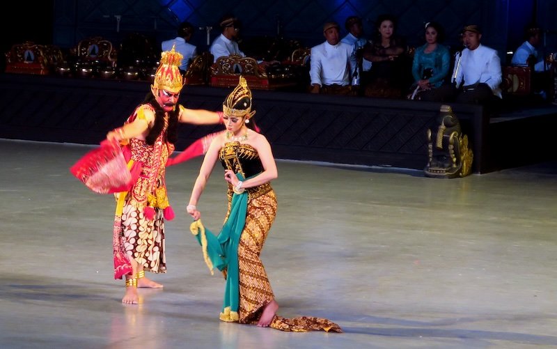 Ramayana Ballet performers in traditional attire at the Prambanan Temple at night in Indonesia