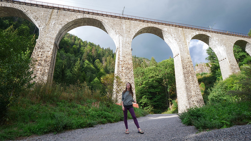 Ravenna Bridge in the Black Forest, Germany with That Backpacker Audrey Bergner posing for size and perspective 