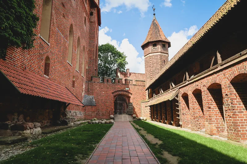 Red brick architecture details of a section of Malbork Castle in Poland