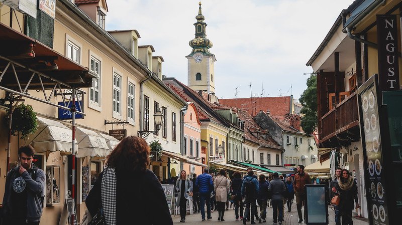 Restaurants on Tkalciceva Street in Zagreb as a bustling hive of activity with pedestrians pounding the pavement in Croatia 