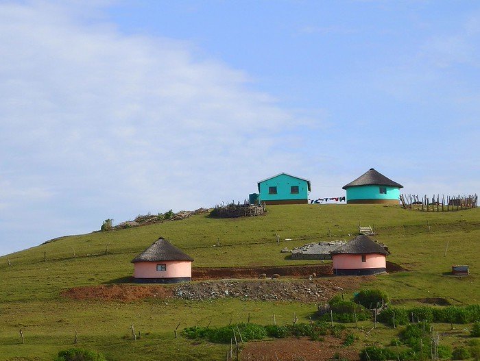 Rondavels with its round homes in the Wild Coast of South Africa providing quirky architectural views on the hilltop 