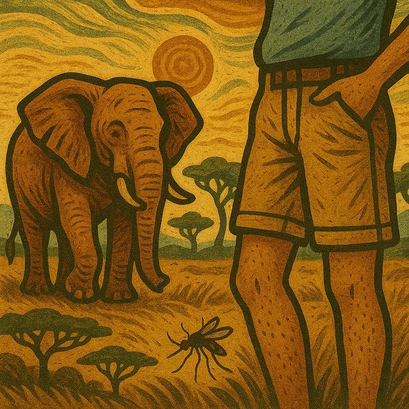 Illustrated safari scene showing a person wearing shorts standing on the savanna beside an African elephant, with acacia trees, a blazing sun, and a tsetse fly in the foreground—symbolizing insect exposure and the importance of protective clothing on safari