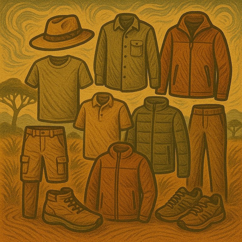 Illustrated safari capsule wardrobe showing ten essential clothing items including a wide-brim hat, breathable shirts, lightweight jackets, cargo shorts, convertible pants, hiking shoes, and trail sneakers against an African savanna backdrop