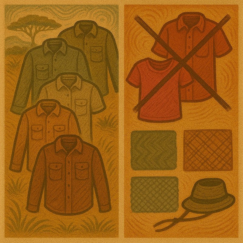 Illustrated safari clothing color and fabric guide showing recommended earth-tone long-sleeve shirts in olive, tan, and brown, alongside color swatches, a safari hat, and crossed-out bright red shirts, emphasizing neutral colors and quiet fabrics for blending in on safari