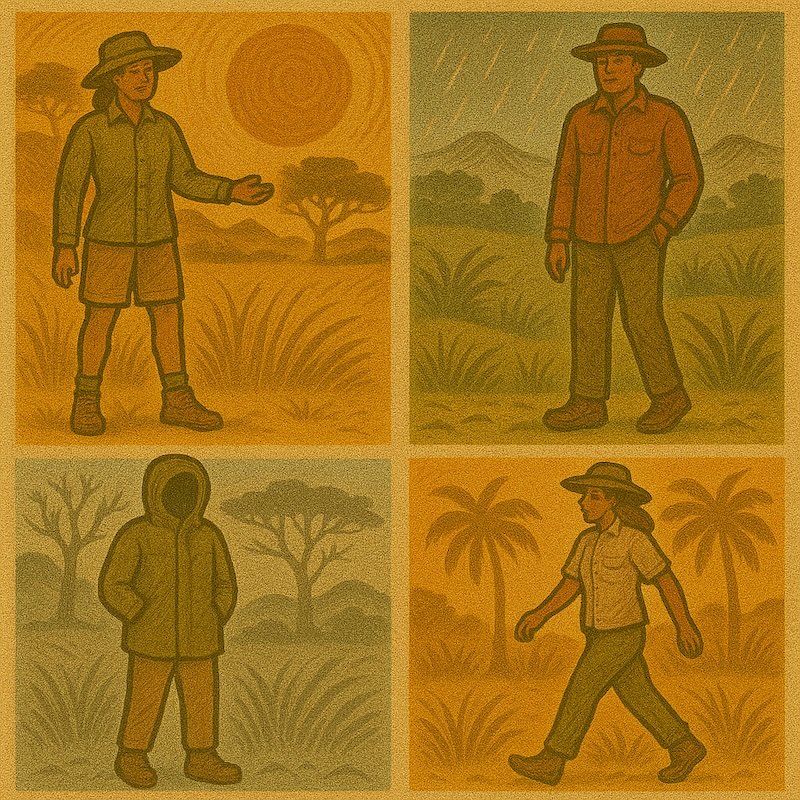Illustrated safari seasonal clothing guide showing four outfits for different conditions: lightweight shirt and shorts with hat for hot sun, long-sleeve shirt and pants for rainy weather, insulated jacket and pants for chilly mornings, and breathable shirt with pants for humid regions