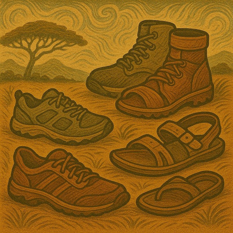 Illustrated safari footwear guide showing various shoe types including hiking boots, low-cut hiking shoes, trail sneakers, closed-toe sandals, and flip-flops on a savanna backdrop, highlighting ideal safari shoe options