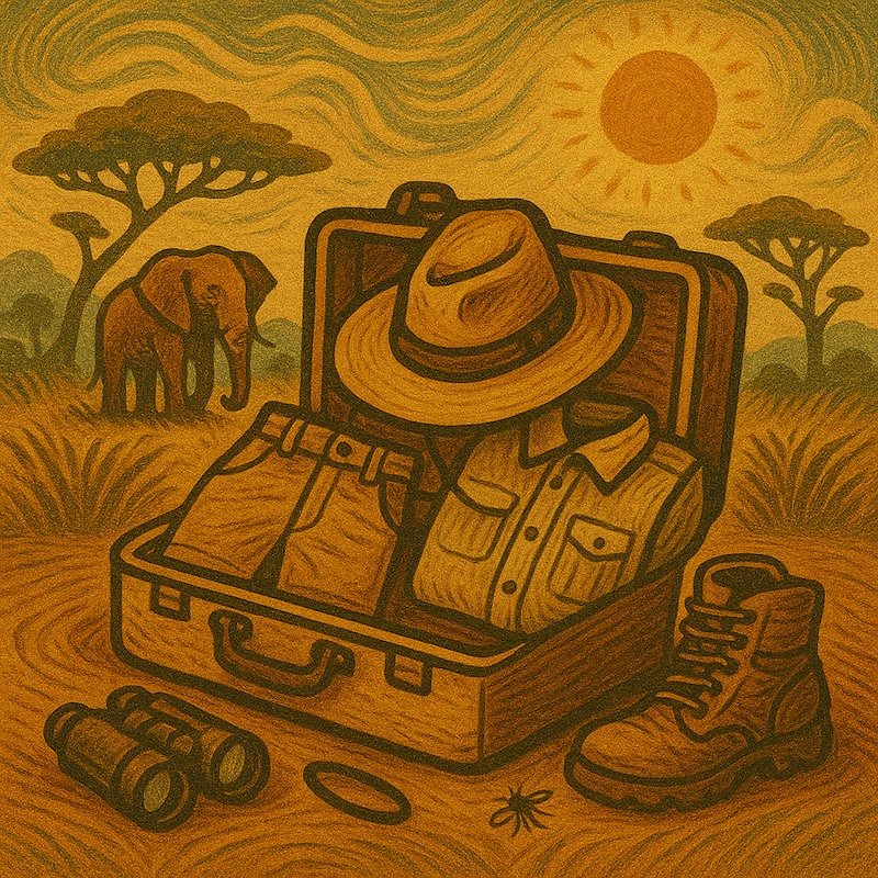 Illustrated safari packing scene with a suitcase containing a wide-brim safari hat, khaki shirt, and shorts, surrounded by hiking boots, binoculars, and an African savanna backdrop with an elephant and acacia trees under the sun