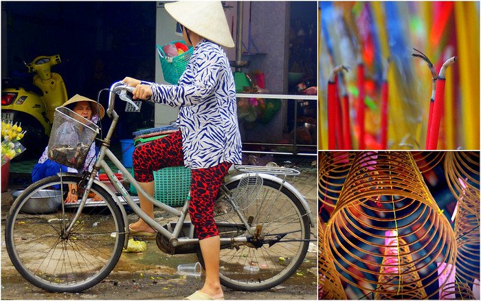 Collage of vibrant street scenes from Ho Chi Minh City (Saigon), Vietnam — a woman wearing a conical nón lá hat rides a bicycle past a market stall, red incense sticks stand upright in rows, and golden spiral incense coils hang glowing in a temple