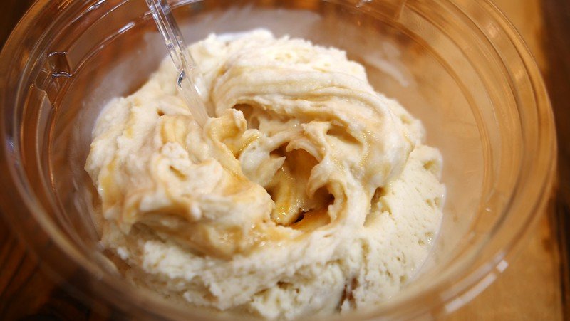 Salty soy sauce ice cream in Takayama, Japan macro details with its creamy and delicate texture on display