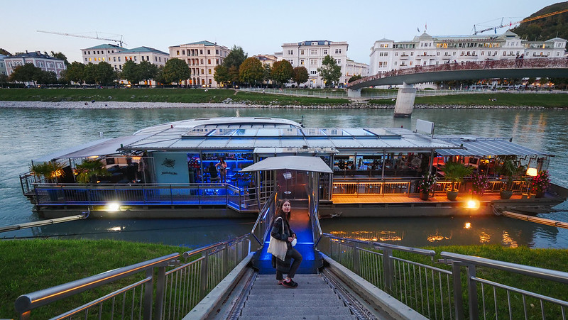 Salzach Insel Bar is a floating boat bar on the Salzach River in Salzburg, Austria with That Backpacker Audrey Bergner excited to check it out