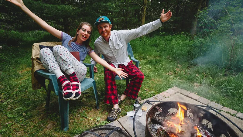 Samuel and Audrey roasting marshmallows around the campfire at our tiny house in the woods in Ontario Samuel and Audrey roasting marshmallows around the campfire at our tiny house in the woods in Ontario