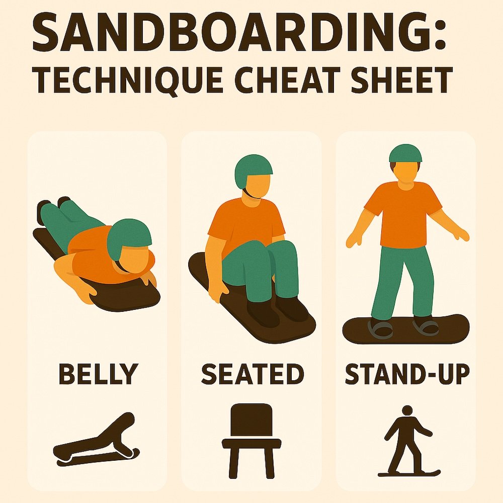 Sandboarding Technique Cheat Sheet with standing, seated, belly, lying down techniques infographic 