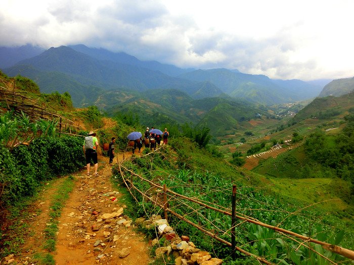 Group of hikers walking along a rugged mountain trail surrounded by lush green hills and terraced fields in Sapa, Vietnam, with dramatic misty peaks in the background
