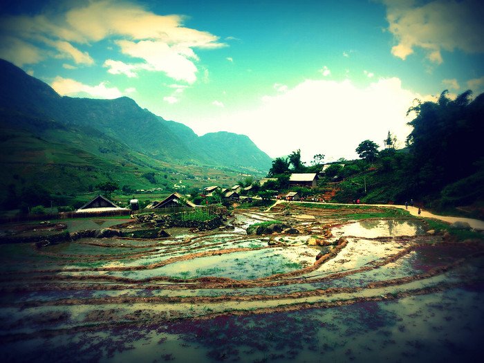 Scenic mountain village view along a terraced rice field hike in Sapa, Vietnam, with flooded paddies reflecting the sky and traditional wooden houses nestled in the valley