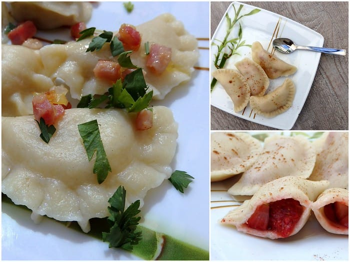 Savoury and sweet pierogi in Warsaw with details of the inside fillings in Poland Savoury and sweet pierogi in Warsaw with details of the inside fillings in Poland