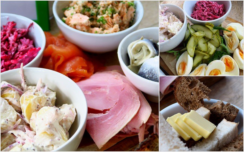 Scandinavian lunch at Hemma in Edinburgh with smoked salmon, cured herring, ham, potato salad, eggs, pickles, beetroot slaw, and rye bread with butter