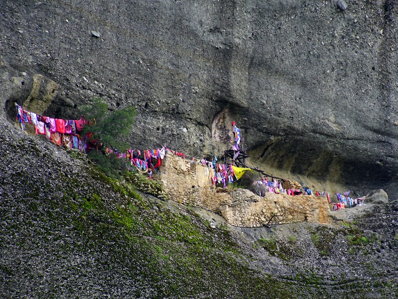 Scarves for St. George are placed as an offering in Meteora, Greece