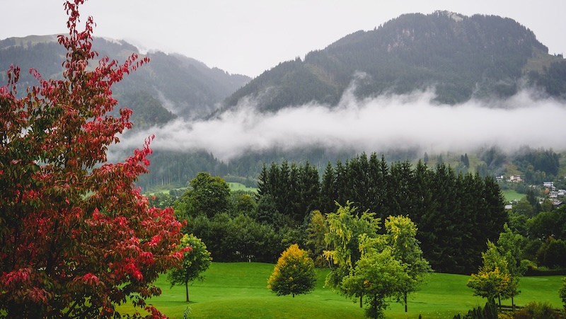Scenic views in Tirol, Austria with low hanging clouds early in the morning 