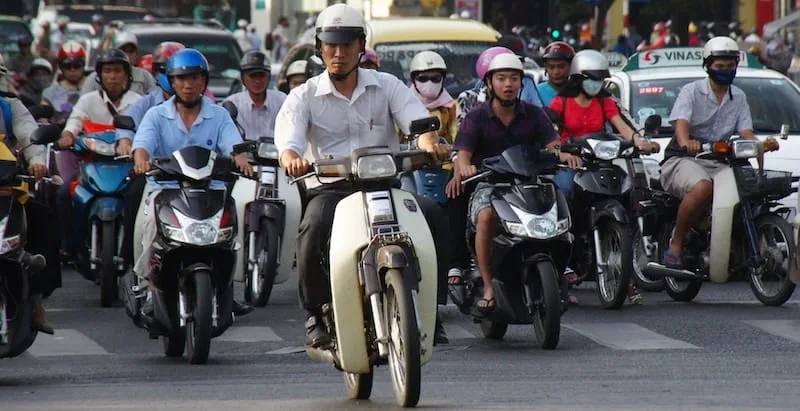 Scooters galore traffic scene in Vietnam 