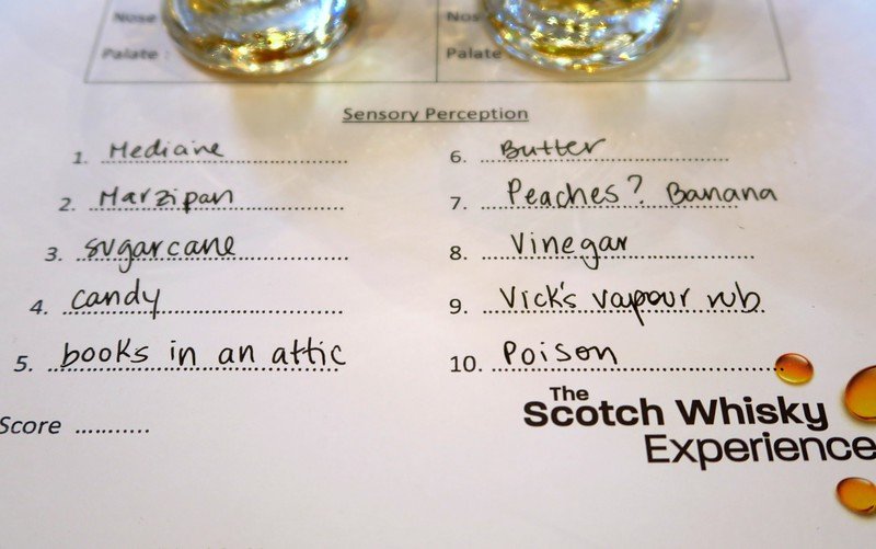 Close-up of sensory perception tasting sheet at the Scotch Whisky Experience in Edinburgh, Scotland with handwritten whisky aroma notes