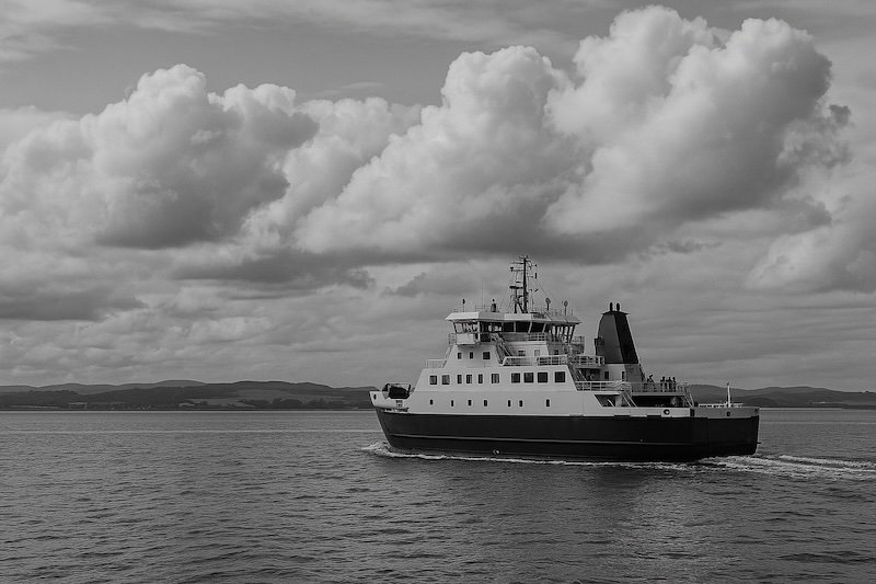 A black and white photograph of a large double-decker ferry cruising across calm Scottish waters under a sky filled with dramatic clouds. Passengers are visible on deck, and the distant coastline with rolling hills creates a peaceful, timeless travel scene A black and white photograph of a large double-decker ferry cruising across calm Scottish waters under a sky filled with dramatic clouds. Passengers are visible on deck, and the distant coastline with rolling hills creates a peaceful, timeless travel scene