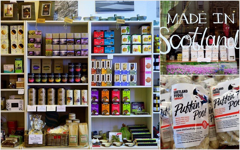 Scottish food souvenirs at Cranachan and Crowdie shop in Edinburgh featuring teas, biscuits, fudge, jams, and Puffin Poo sweets