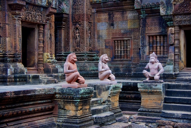 Sculptures, colors and details at Banteay Srei from wide angle vantage point in Cambodia 