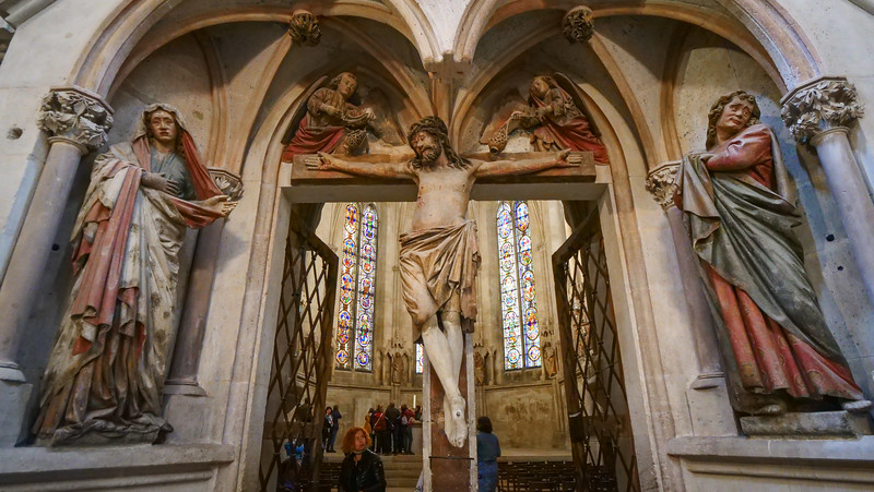 Sculptures in Naumburg Cathedral in the west choir with Christ on the Cross as a centrepiece feature in Germany 