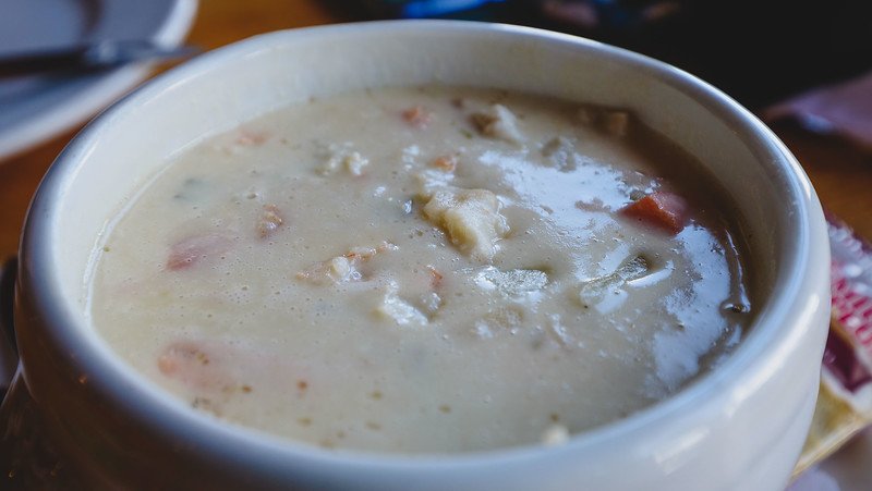Seafood chowder with fish and shellfish at Salty's in Halifax for a creamy and hearty dish served in a bowl