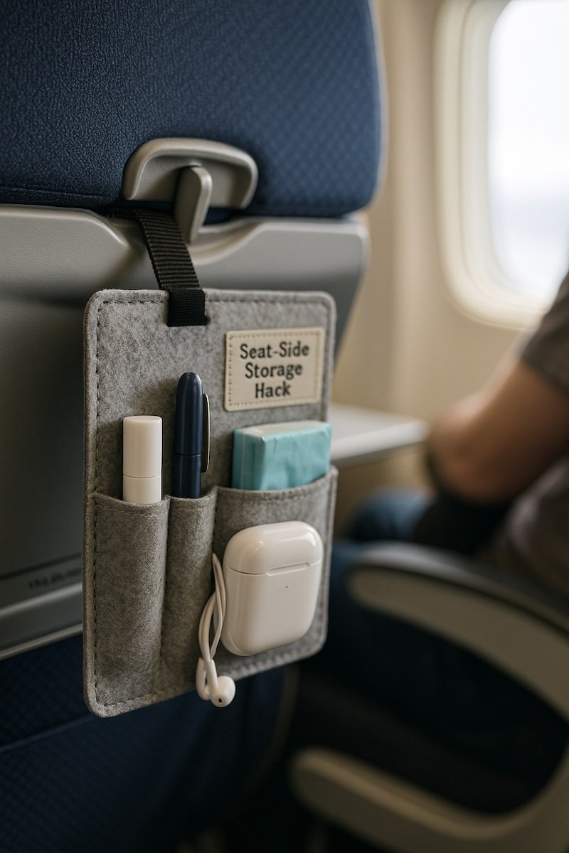 Seat side storage hack hanging on the back of seat on airplane 