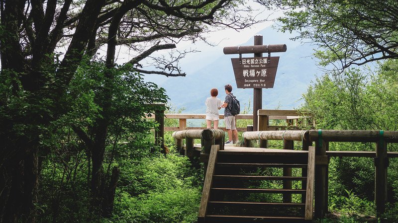 Two hikers standing at a wooden viewpoint platform along the scenic boardwalk in Senjogahara Moor, surrounded by lush greenery and forest with distant mountain views in Nikko, Japan