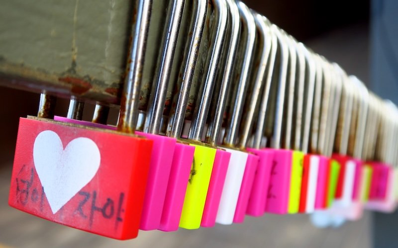 Seoul love locks lined up in a row in Namsan located at N Seoul Tower in Korea 