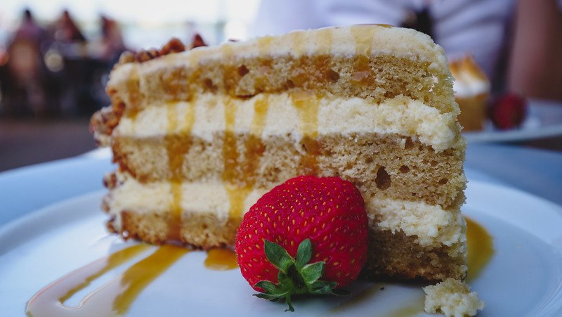 Shortcake with caramel and pecans and a strawberry for dessert in Halifax, Nova Scotia