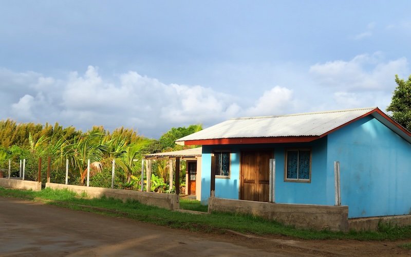 Simple accommodations on Easter Island Rapa Nui, Chile with a blue house with simple roof 