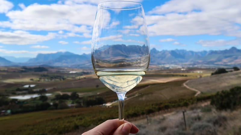 Sipping on wine and enjoy our wine safari tour in Stellenbosch with a wine glass pointed towards a beautiful mountain range in South Africa